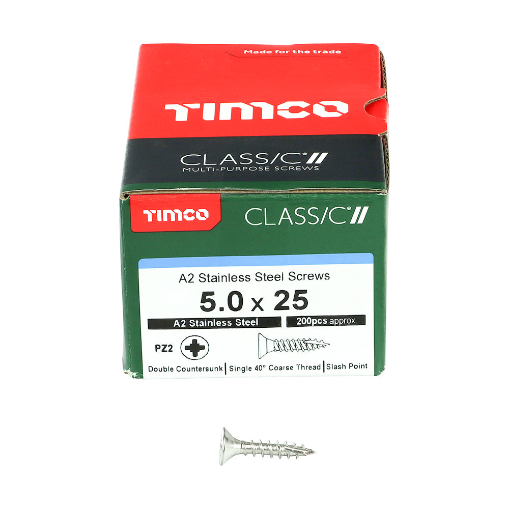 TIMCO Classic Multi-Purpose Countersunk A2 Stainless Steel Woodcrews - 5.0 x 25 Box OF 200 - 50025CLASS