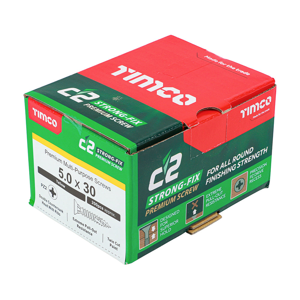 TIMCO C2 Strong-Fix Multi-Purpose Premium Countersunk Gold Woodscrews - 5.0 x 30 Box OF 200 - 50030C2
