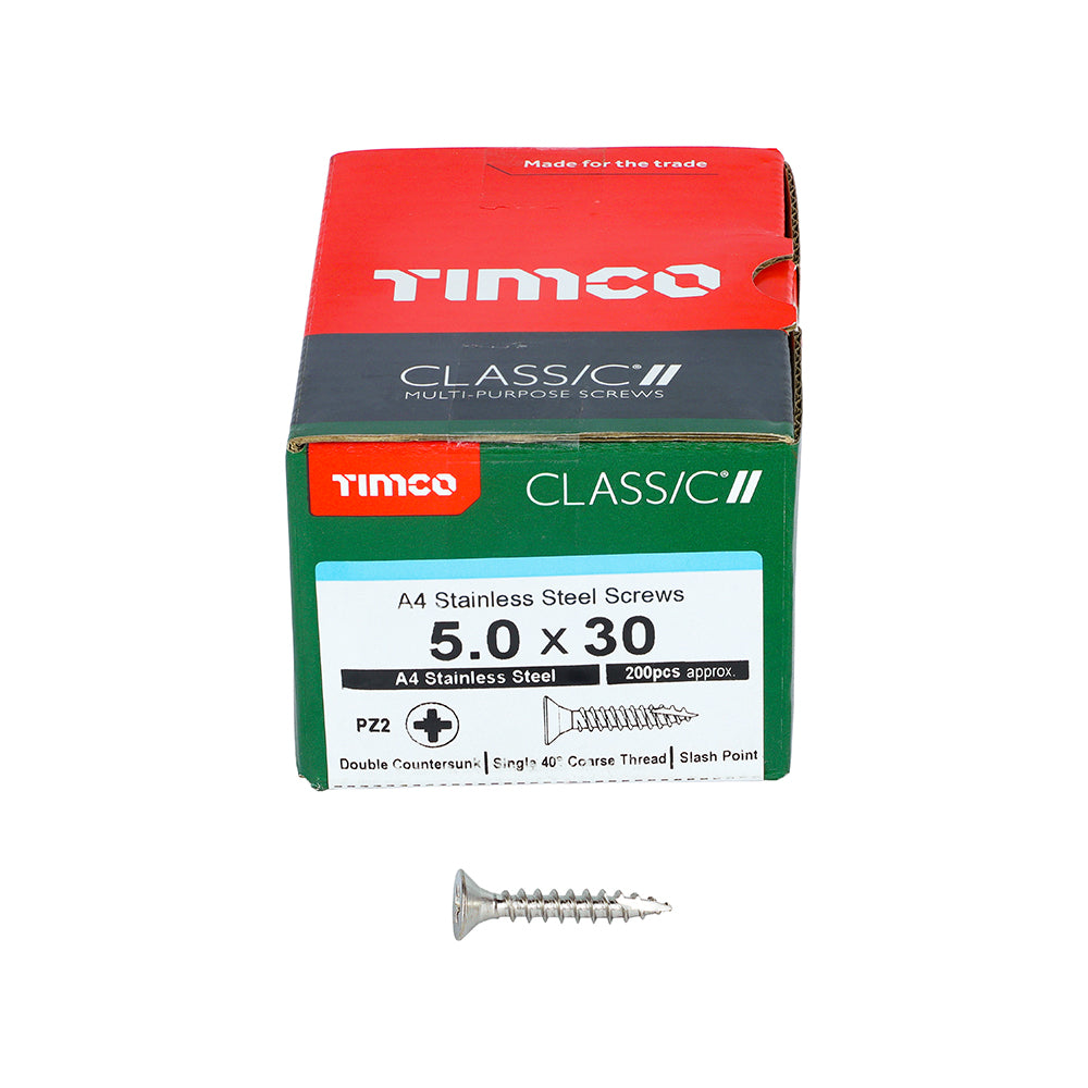 TIMCO Classic Multi-Purpose Countersunk A4 Stainless Steel Woodcrews - 5.0 x 30 Box OF 200 - 50030CLA4