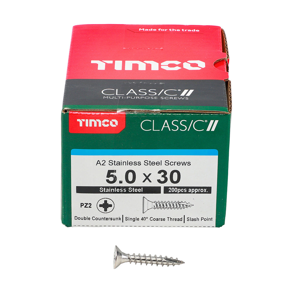 TIMCO Classic Multi-Purpose Countersunk A2 Stainless Steel Woodcrews - 5.0 x 30 Box OF 200 - 50030CLASS