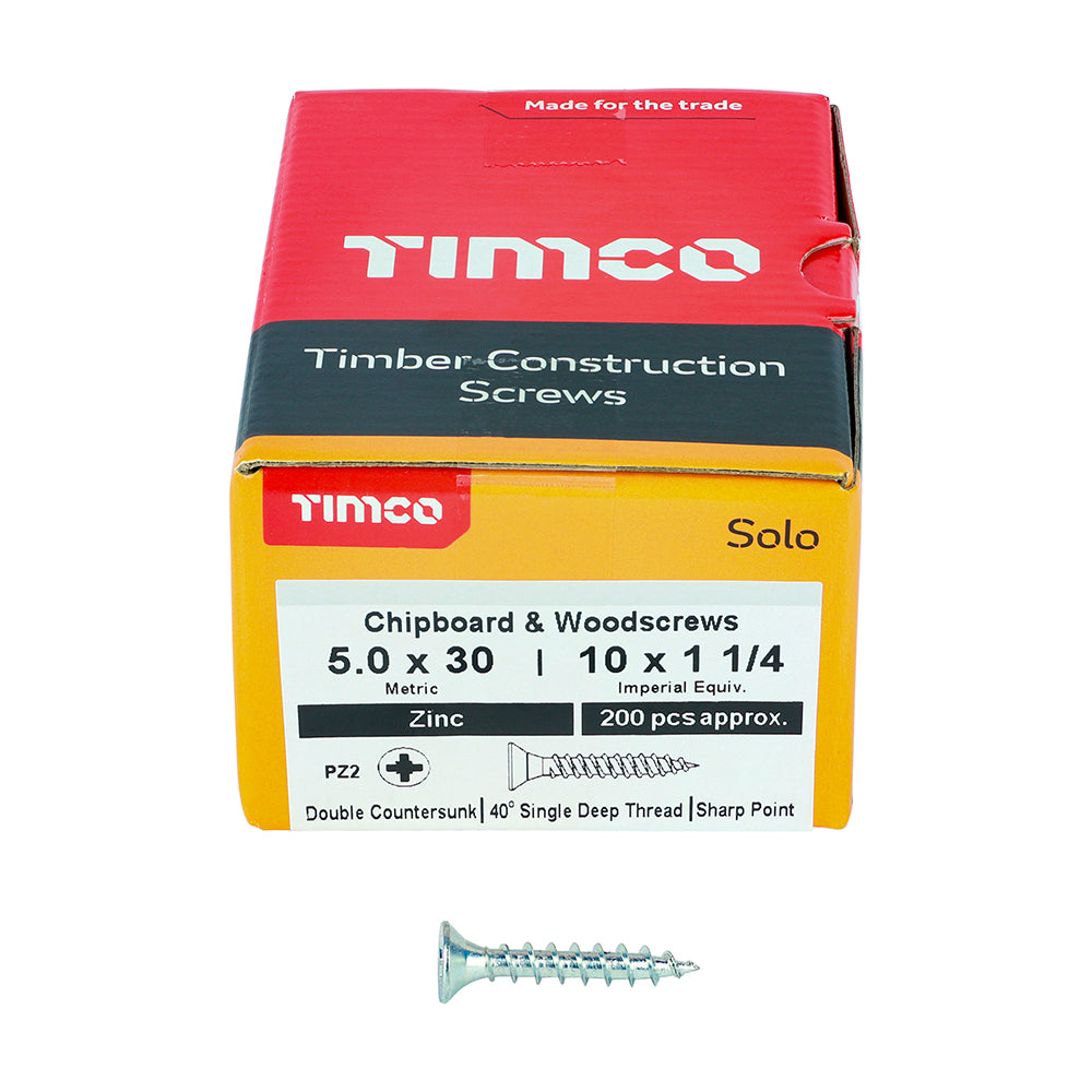 TIMCO Solo Countersunk Silver Woodscrews - 5.0 x 30 Box OF 200 - 50030SOLOZ