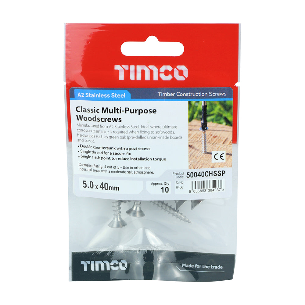 TIMCO Classic Multi-Purpose Countersunk A2 Stainless Steel Woodcrews - 5.0 x 40 TIMpac OF 10 - 50040CHSSP