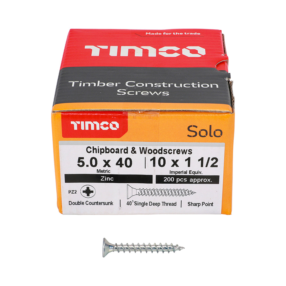 TIMCO Solo Countersunk Silver Woodscrews - 5.0 x 40 Box OF 200 - 50040SOLOZ