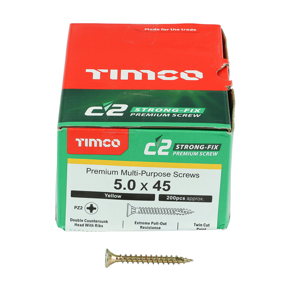 TIMCO C2 Strong-Fix Multi-Purpose Premium Countersunk Gold Woodscrews - 5.0 x 45 Box OF 200 - 50045C2