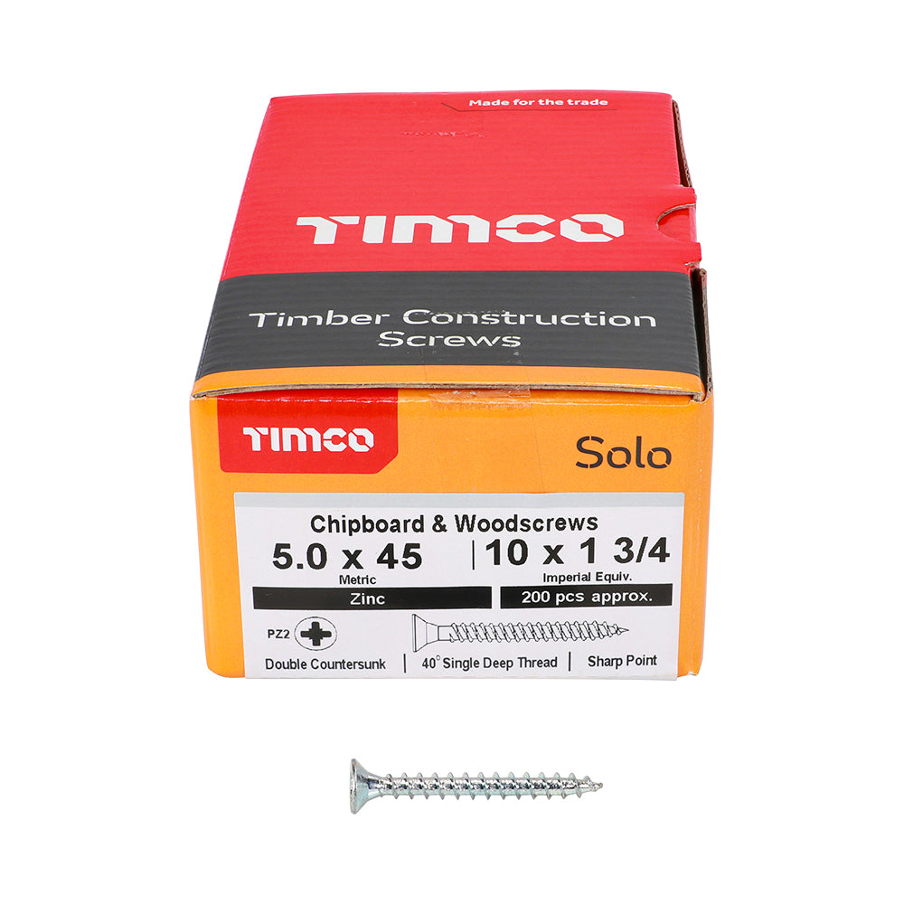 TIMCO Solo Countersunk Silver Woodscrews - 5.0 x 45 Box OF 200 - 50045SOLOZ
