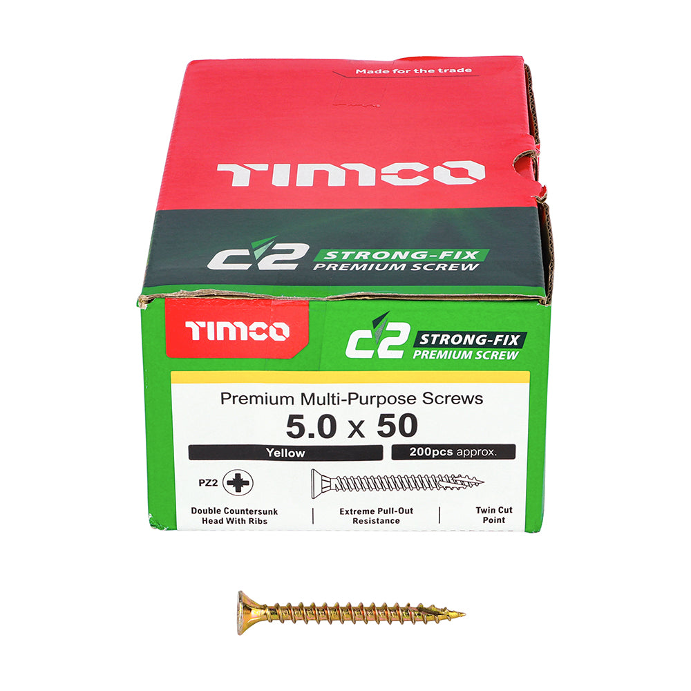 TIMCO C2 Strong-Fix Multi-Purpose Premium Countersunk Gold Woodscrews - 5.0 x 50 Box OF 200 - 50050C2