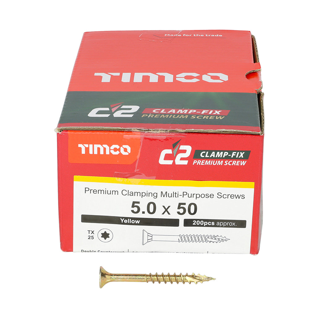 TIMCO C2 Clamp-Fix Multi-Purpose Premium Countersunk Gold Woodscrews - 5.0 x 50 Box OF 200 - 50050C2C