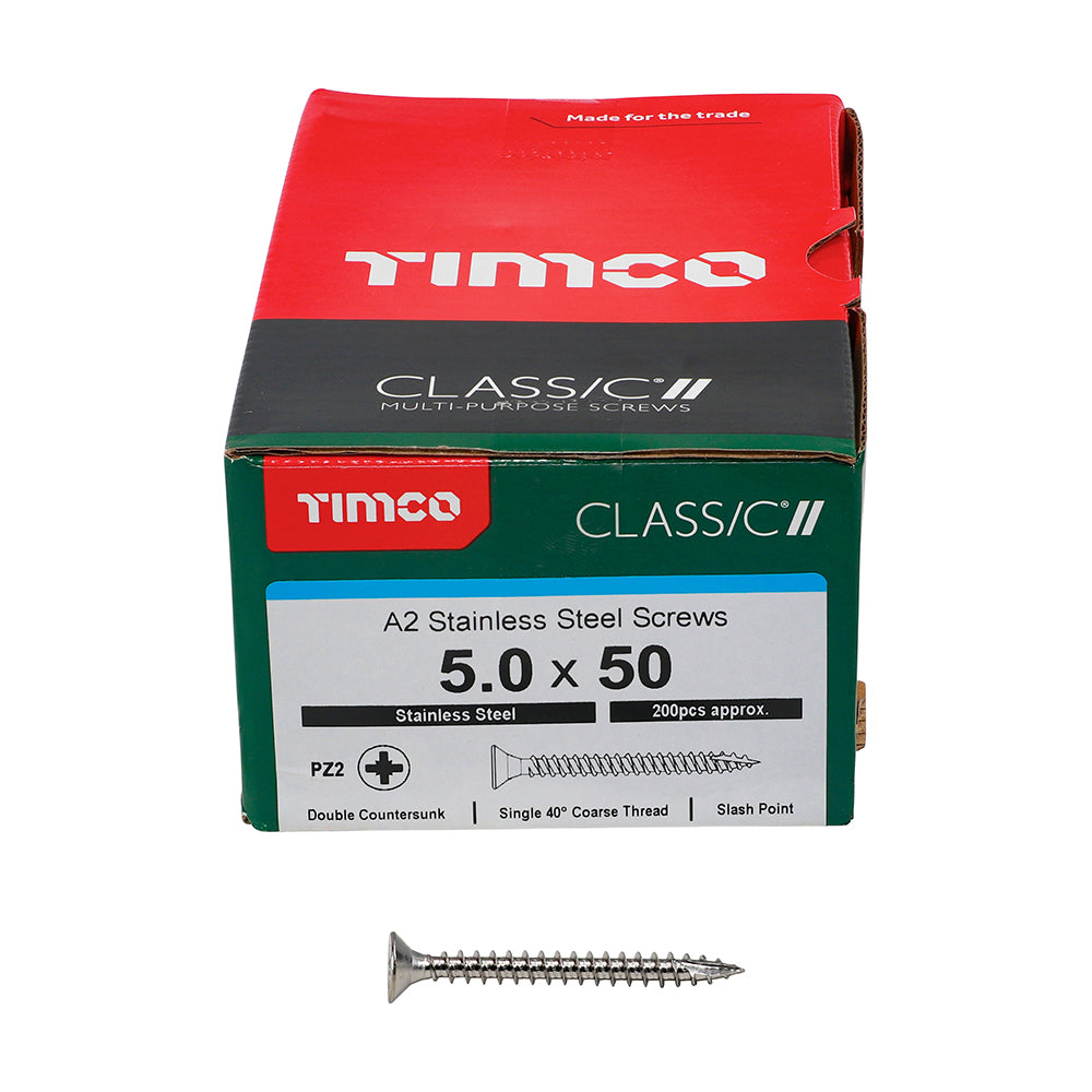 TIMCO Classic Multi-Purpose Countersunk A2 Stainless Steel Woodcrews - 5.0 x 50 Box OF 200 - 50050CLASS