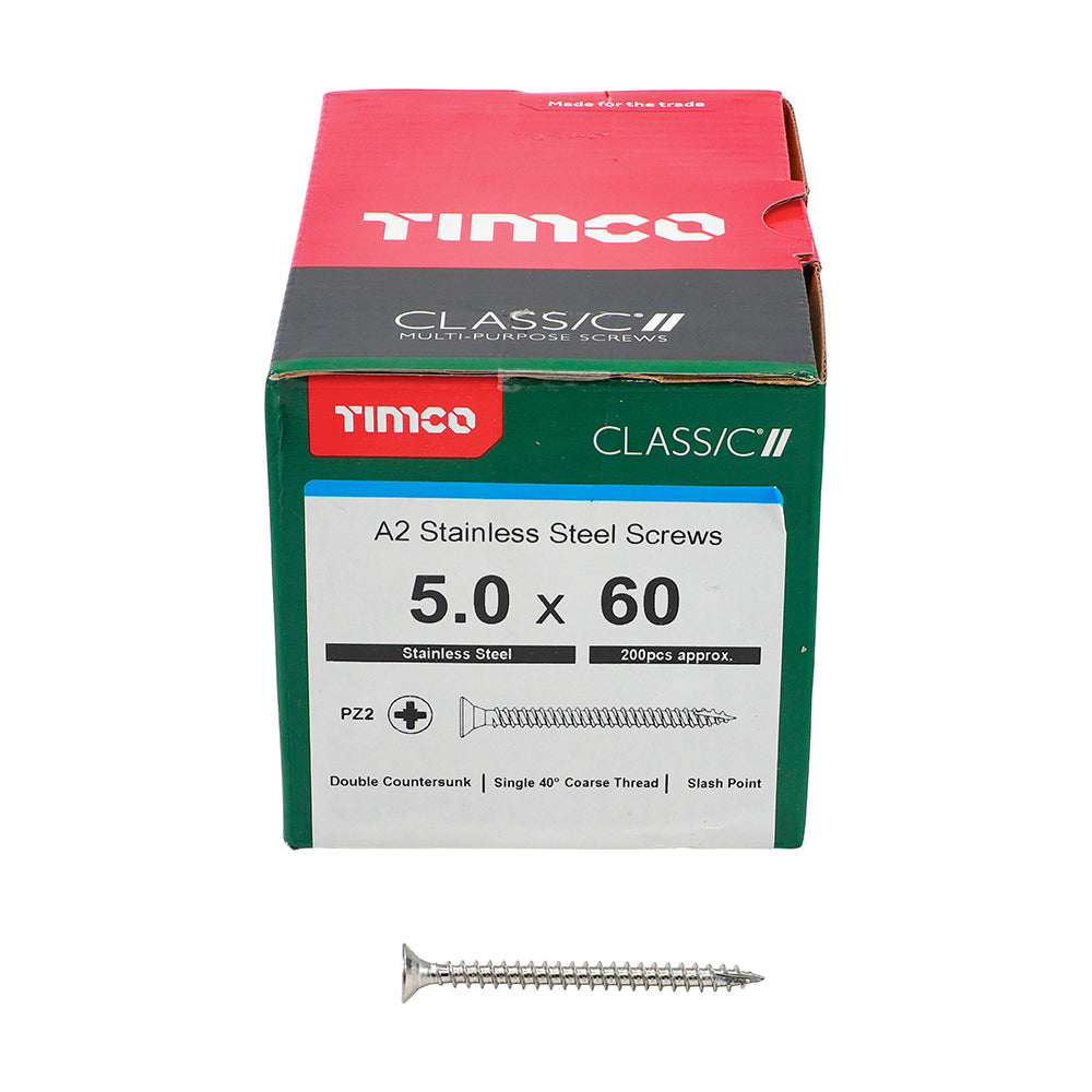 TIMCO Classic Multi-Purpose Countersunk A2 Stainless Steel Woodcrews - 5.0 x 60 Box OF 200 - 50060CLASS