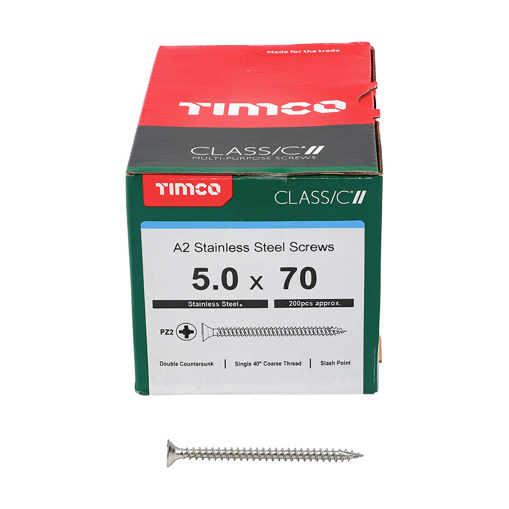 TIMCO Classic Multi-Purpose Countersunk A2 Stainless Steel Woodcrews - 5.0 x 70 Box OF 200 - 50070CLASS