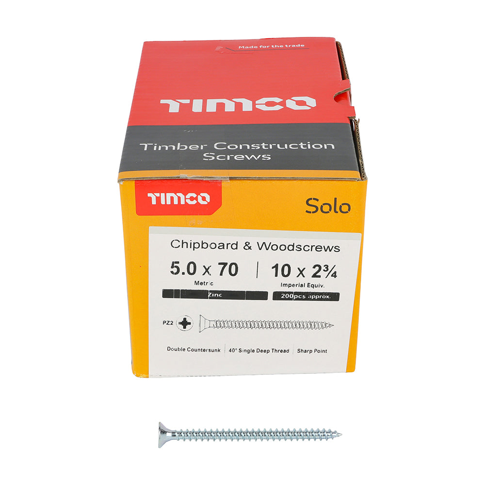 TIMCO Solo Countersunk Silver Woodscrews - 5.0 x 70 Box OF 200 - 50070SOLOZ