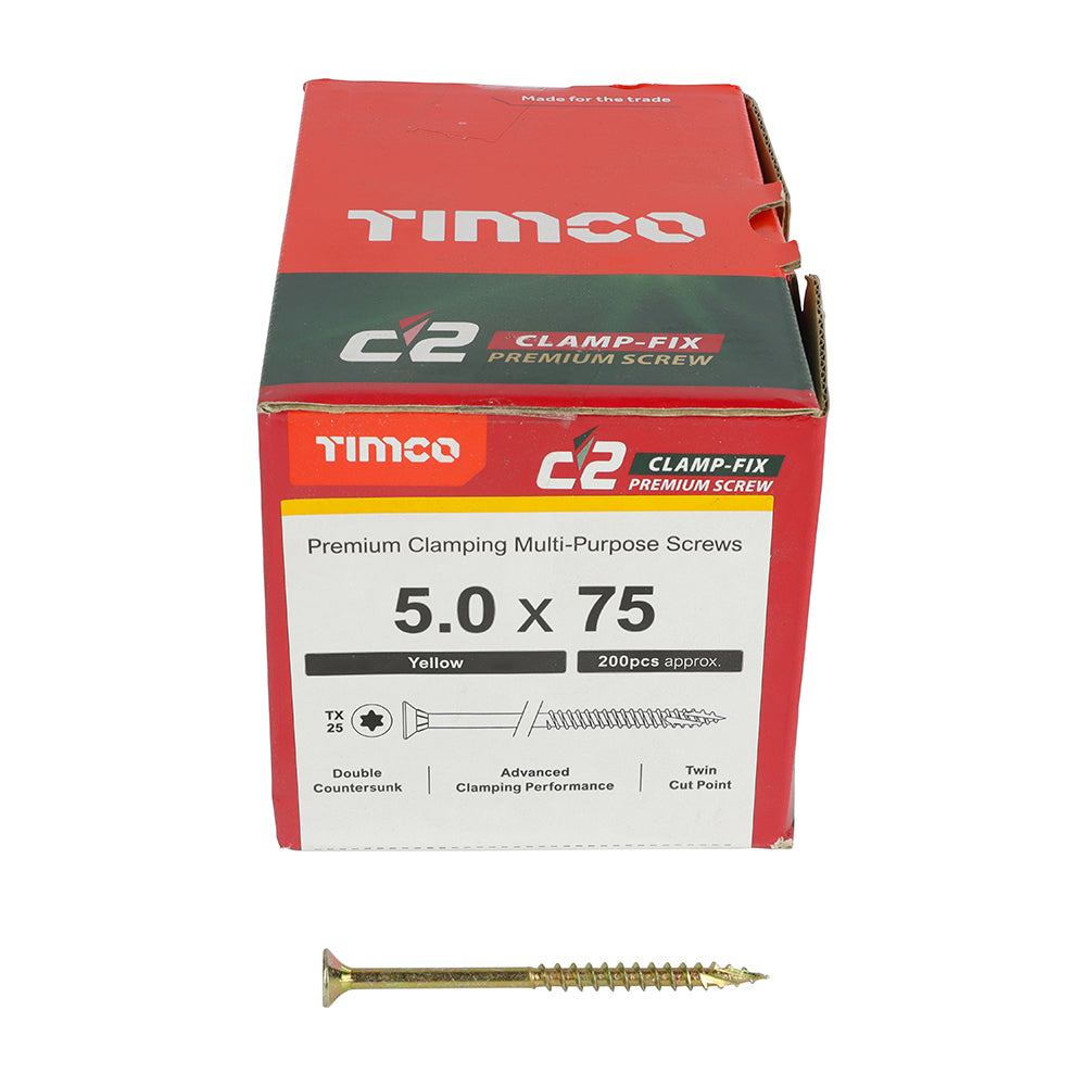 TIMCO C2 Clamp-Fix Multi-Purpose Premium Countersunk Gold Woodscrews - 5.0 x 75 Box OF 200 - 50075C2C