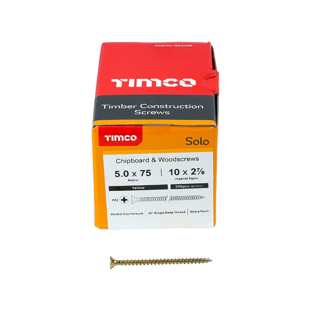 TIMCO Solo Countersunk Gold Woodscrews - 5.0 x 75 Box OF 200 - 50075SOLOC