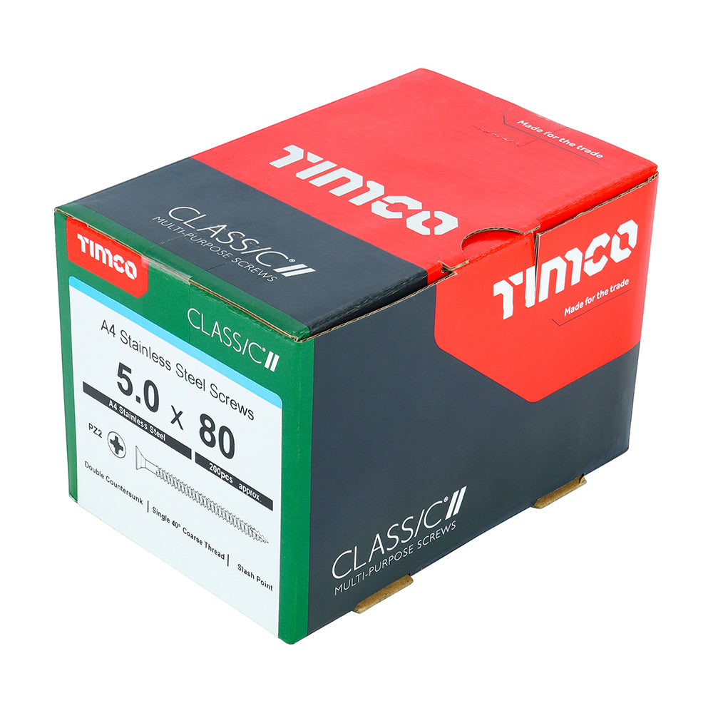 TIMCO Classic Multi-Purpose Countersunk A4 Stainless Steel Woodcrews - 5.0 x 80 Box OF 200 - 50080CLA4