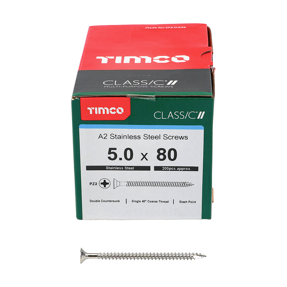 TIMCO Classic Multi-Purpose Countersunk A2 Stainless Steel Woodcrews - 5.0 x 80 Box OF 200 - 50080CLASS