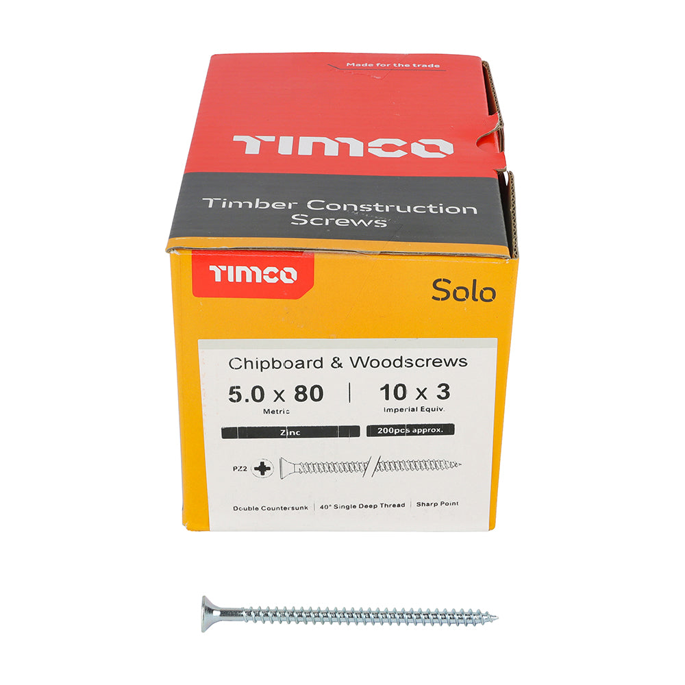 TIMCO Solo Countersunk Silver Woodscrews - 5.0 x 80 Box OF 200 - 50080SOLOZ