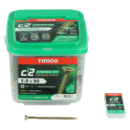 TIMCO C2 Strong-Fix Multi-Purpose Premium Countersunk Gold Woodscrews - 5.0 x 90 Tub OF 325 - 50090C2TUB