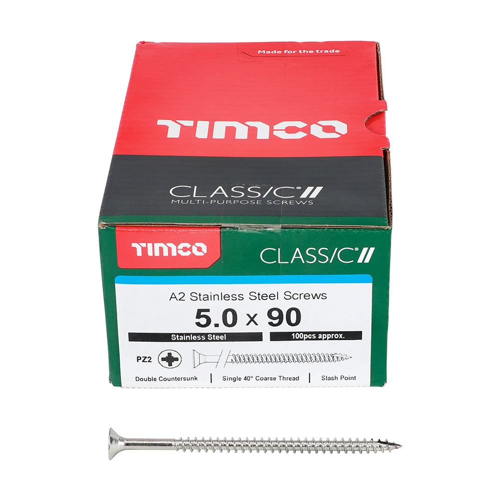 TIMCO Classic Multi-Purpose Countersunk A2 Stainless Steel Woodcrews - 5.0 x 90 Box OF 100 - 50090CLASS
