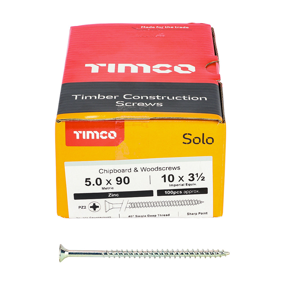 TIMCO Solo Countersunk Silver Woodscrews - 5.0 x 90 Box OF 100 - 50090SOLOZ