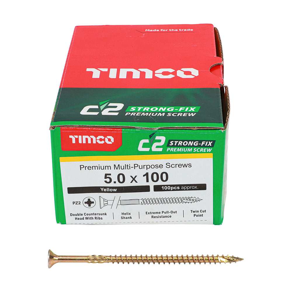 TIMCO C2 Strong-Fix Multi-Purpose Premium Countersunk Gold Woodscrews - 5.0 x 100 Box OF 100 - 50100C2