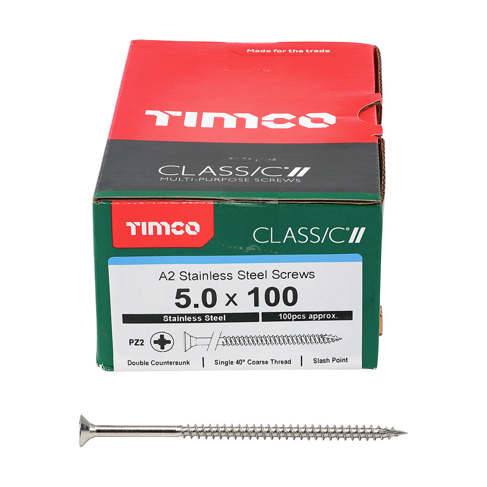 TIMCO Classic Multi-Purpose Countersunk A2 Stainless Steel Woodcrews - 5.0 x 100 Box OF 100 - 50100CLASS