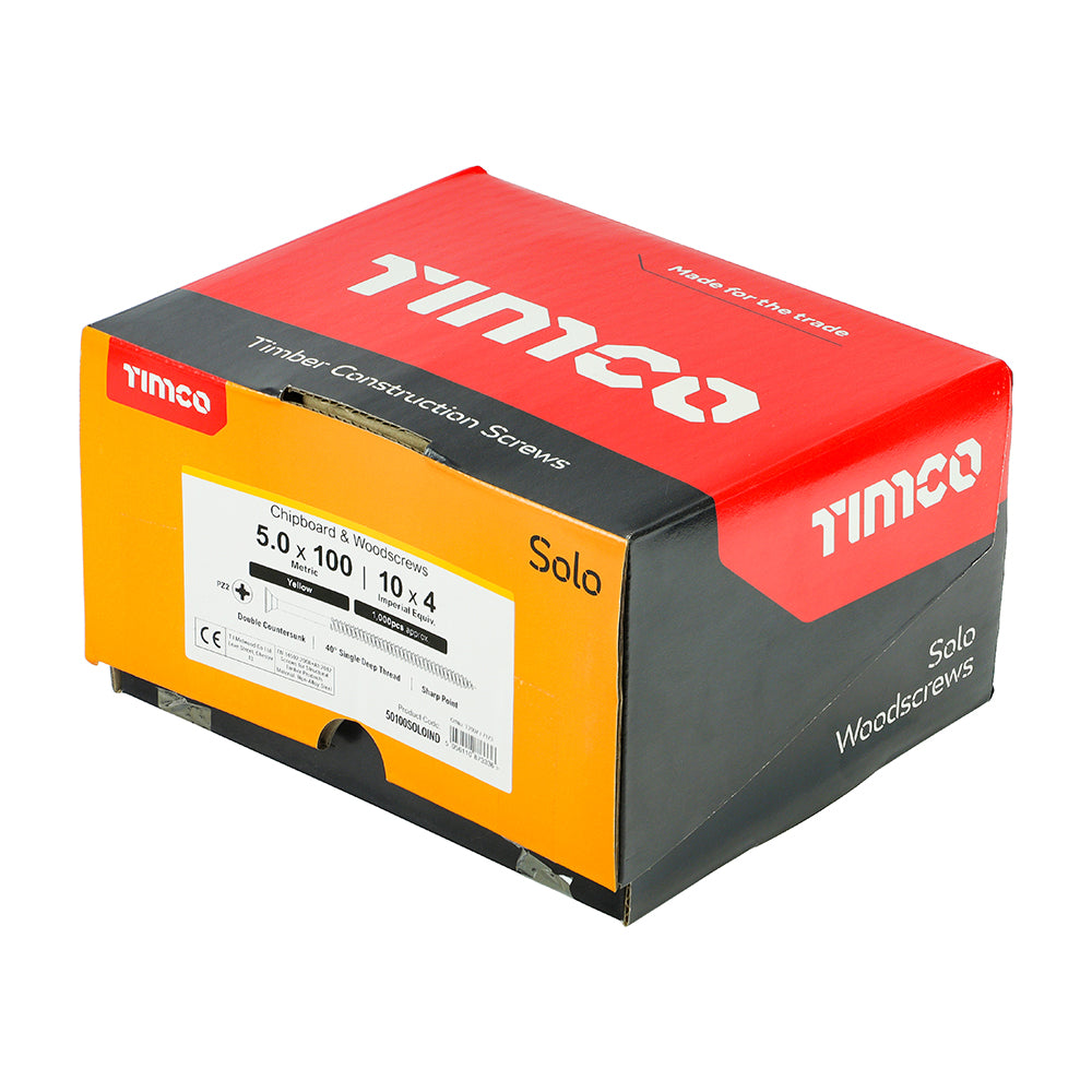 TIMCO Solo Countersunk Gold Woodscrews - 5.0 x 100 Box OF 1000 - 50100SOLOIND