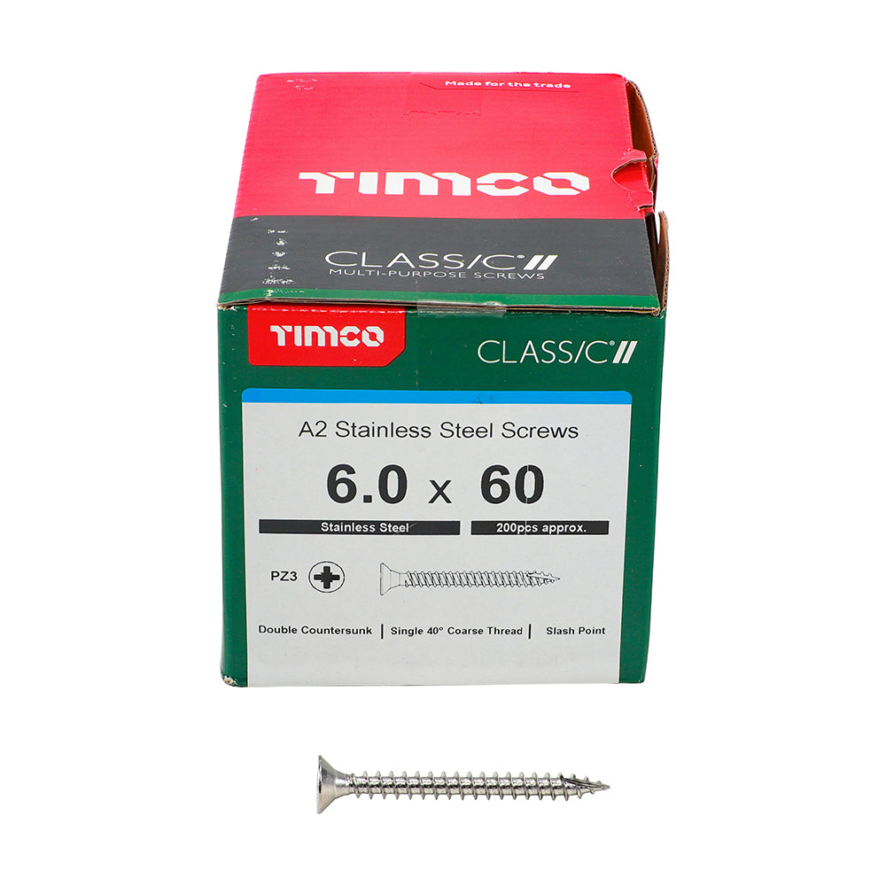 TIMCO Classic Multi-Purpose Countersunk A2 Stainless Steel Woodcrews - 6.0 x 60 Box OF 200 - 60060CLASS