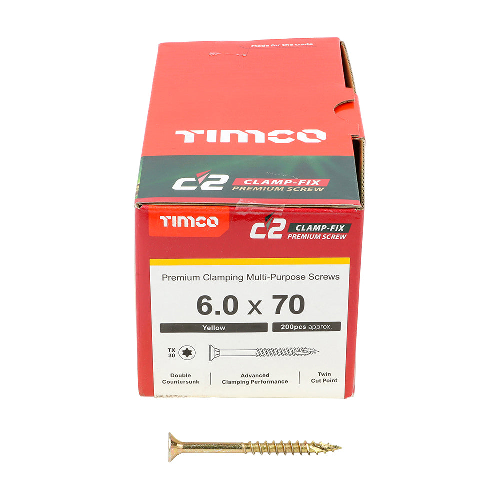 TIMCO C2 Clamp-Fix Multi-Purpose Premium Countersunk Gold Woodscrews - 6.0 x 70 Box OF 200 - 60070C2C