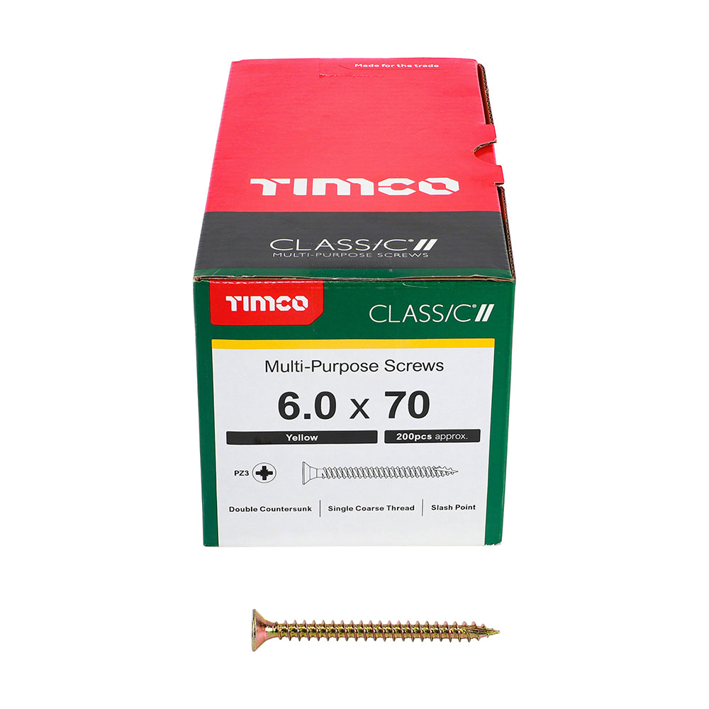 TIMCO Classic Multi-Purpose Countersunk Gold Woodscrews - 6.0 x 70 Box OF 200 - 60070CLAF