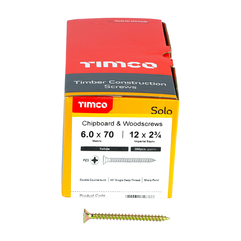 TIMCO Solo Countersunk Gold Woodscrews - 6.0 x 70 Box OF 200 - 60070SOLOC