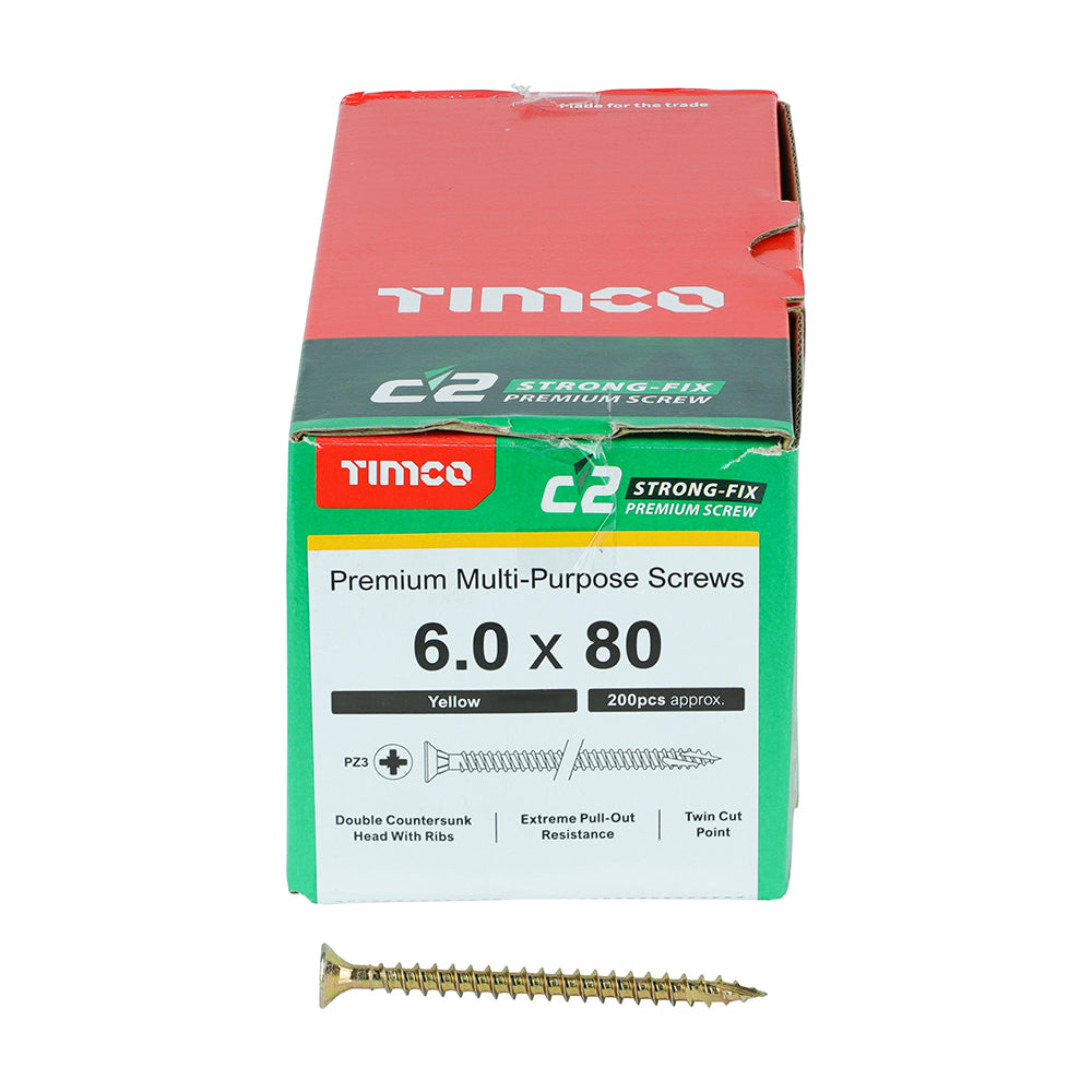 TIMCO C2 Strong-Fix Multi-Purpose Premium Countersunk Gold Woodscrews - 6.0 x 80 Box OF 200 - 60080C2