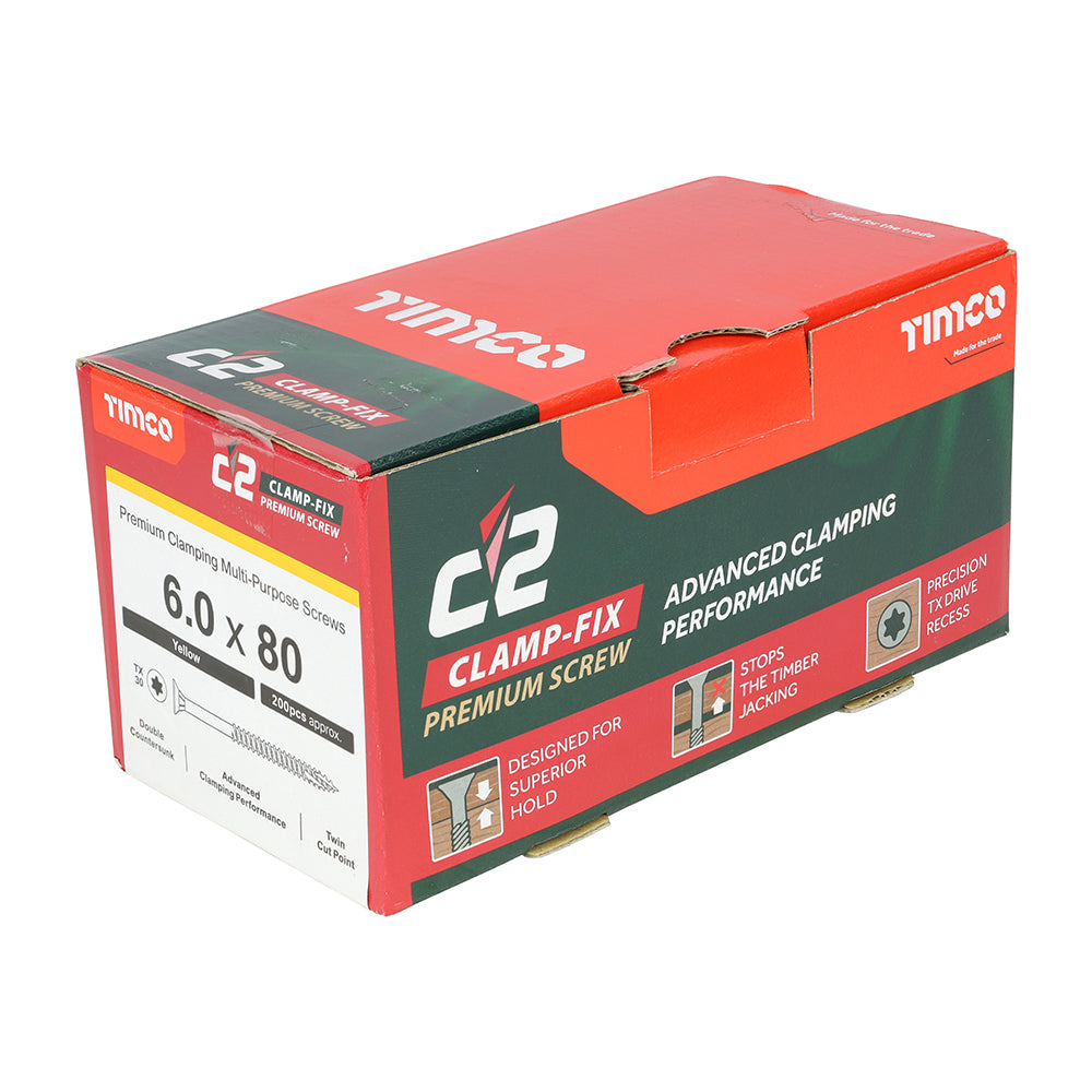TIMCO C2 Clamp-Fix Multi-Purpose Premium Countersunk Gold Woodscrews - 6.0 x 80 Box OF 200 - 60080C2C