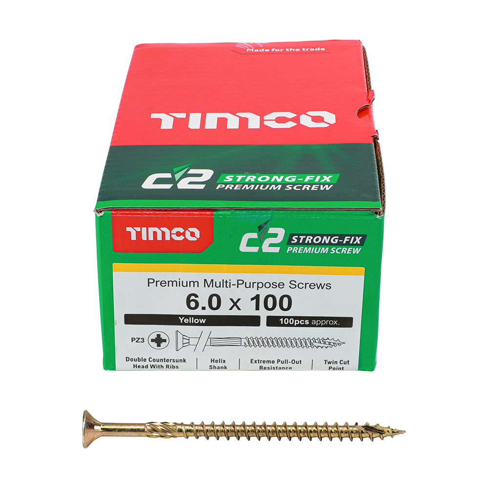 TIMCO C2 Strong-Fix Multi-Purpose Premium Countersunk Gold Woodscrews - 6.0 x 100 Box OF 100 - 60100C2