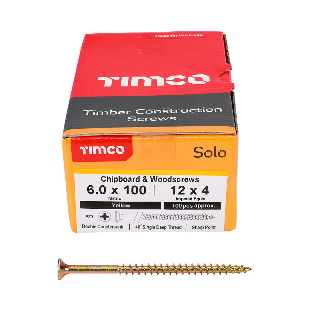 TIMCO Solo Countersunk Gold Woodscrews - 6.0 x 100 Box OF 100 - 60100SOLOC