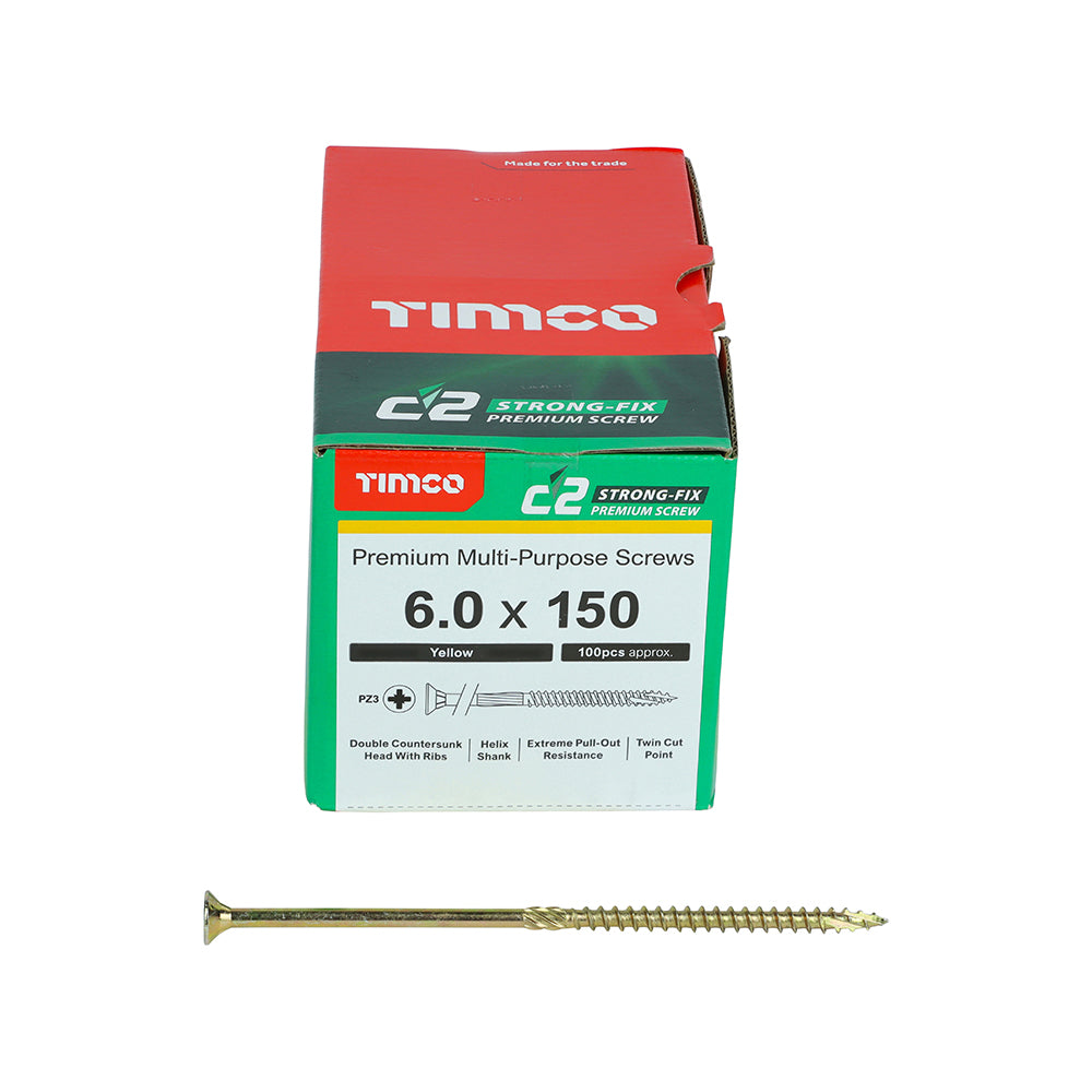 TIMCO C2 Strong-Fix Multi-Purpose Premium Countersunk Gold Woodscrews - 6.0 x 150 Box OF 100 - 60150C2