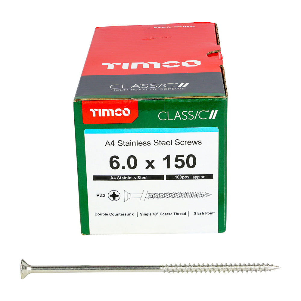 TIMCO Classic Multi-Purpose Countersunk A4 Stainless Steel Woodcrews - 6.0 x 150 Box OF 100 - 60150CLA4