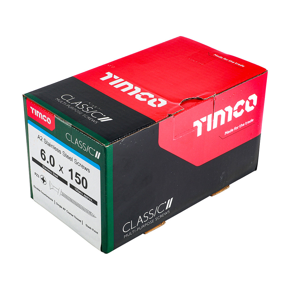 TIMCO Classic Multi-Purpose Countersunk A2 Stainless Steel Woodcrews - 6.0 x 150 Box OF 100 - 60150CLASS
