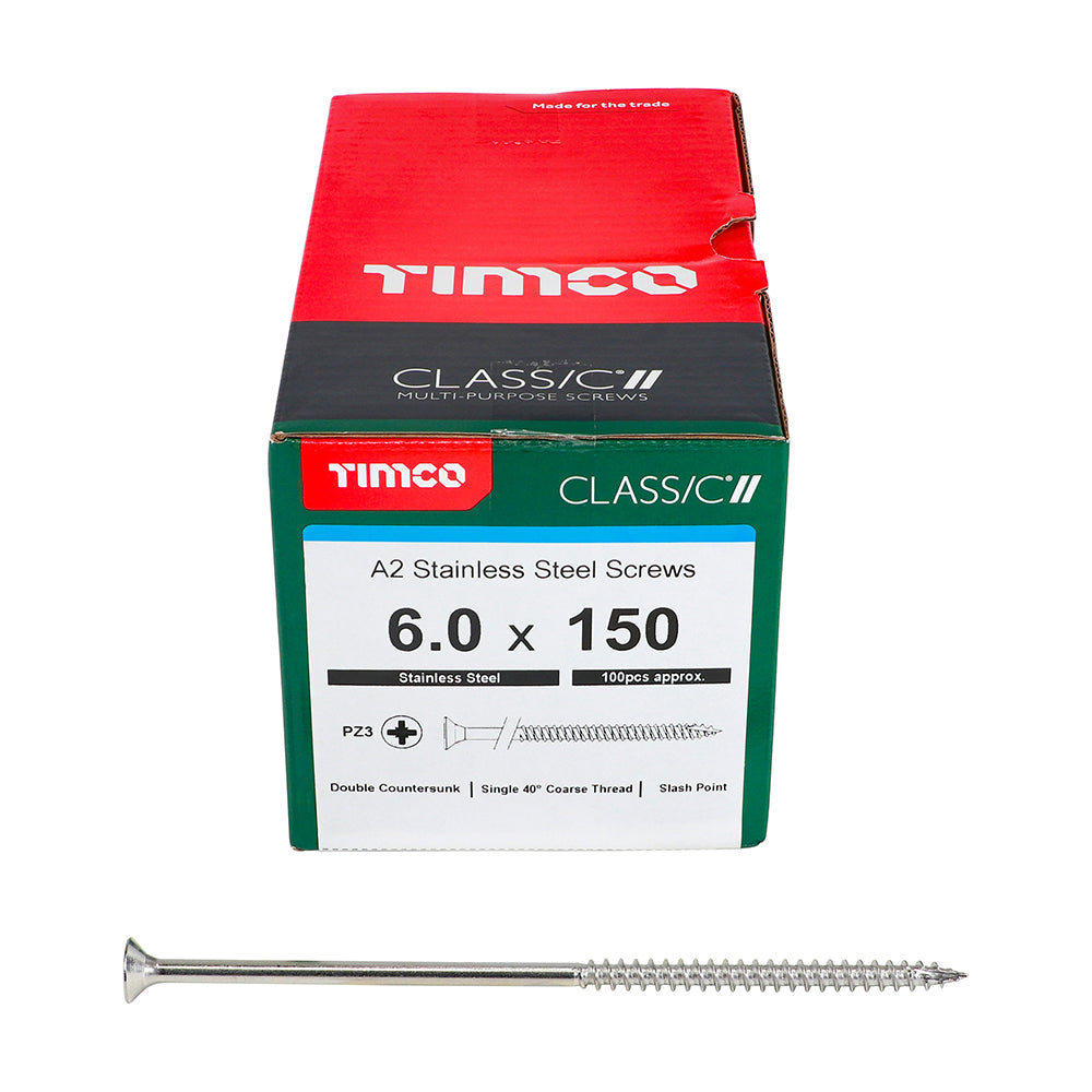 TIMCO Classic Multi-Purpose Countersunk A2 Stainless Steel Woodcrews - 6.0 x 150 Box OF 100 - 60150CLASS