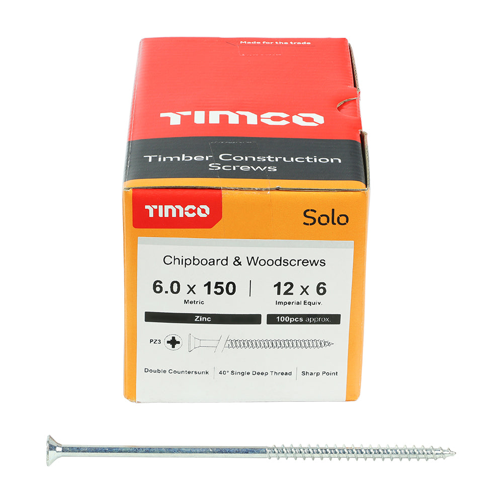 TIMCO Solo Countersunk Silver Woodscrews - 6.0 x 150 Box OF 100 - 60150SOLOZ