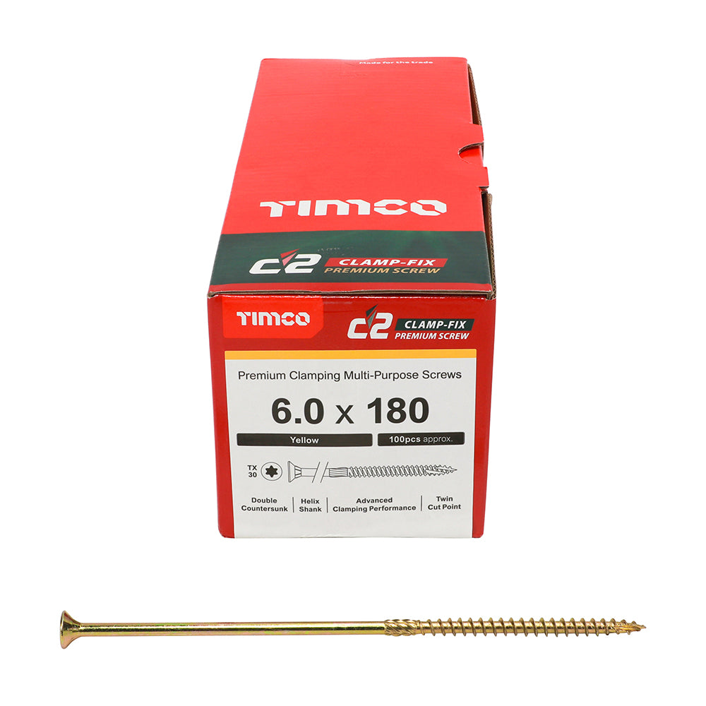 TIMCO C2 Clamp-Fix Multi-Purpose Premium Countersunk Gold Woodscrews - 6.0 x 180 Box OF 100 - 60180C2C