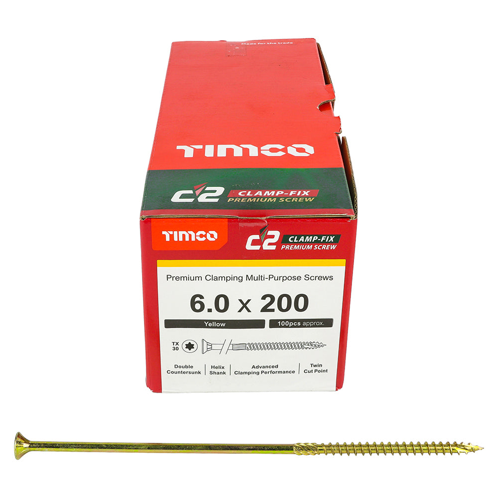 TIMCO C2 Clamp-Fix Multi-Purpose Premium Countersunk Gold Woodscrews - 6.0 x 200 Box OF 100 - 60200C2C