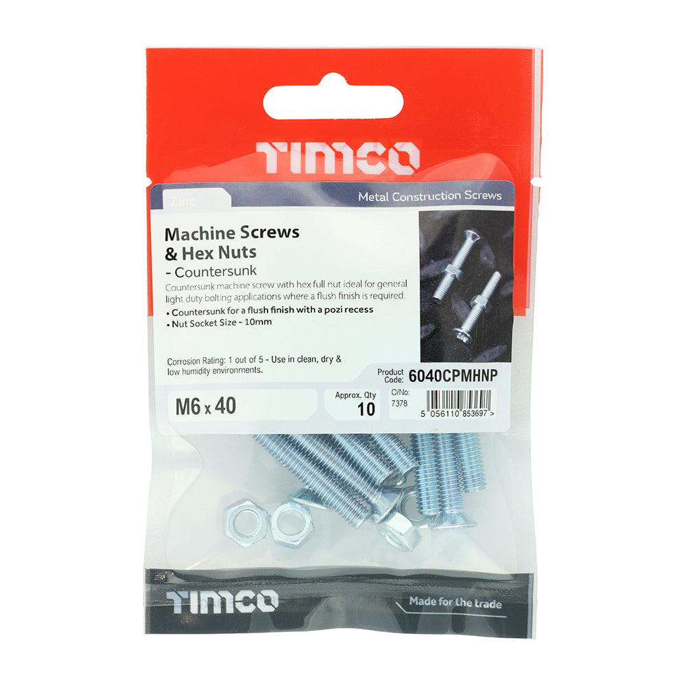 TIMCO Machine Countersunk Screws & Hex Nut Silver - M4 x 25 TIMpac OF 30 - 4025CPMHNP