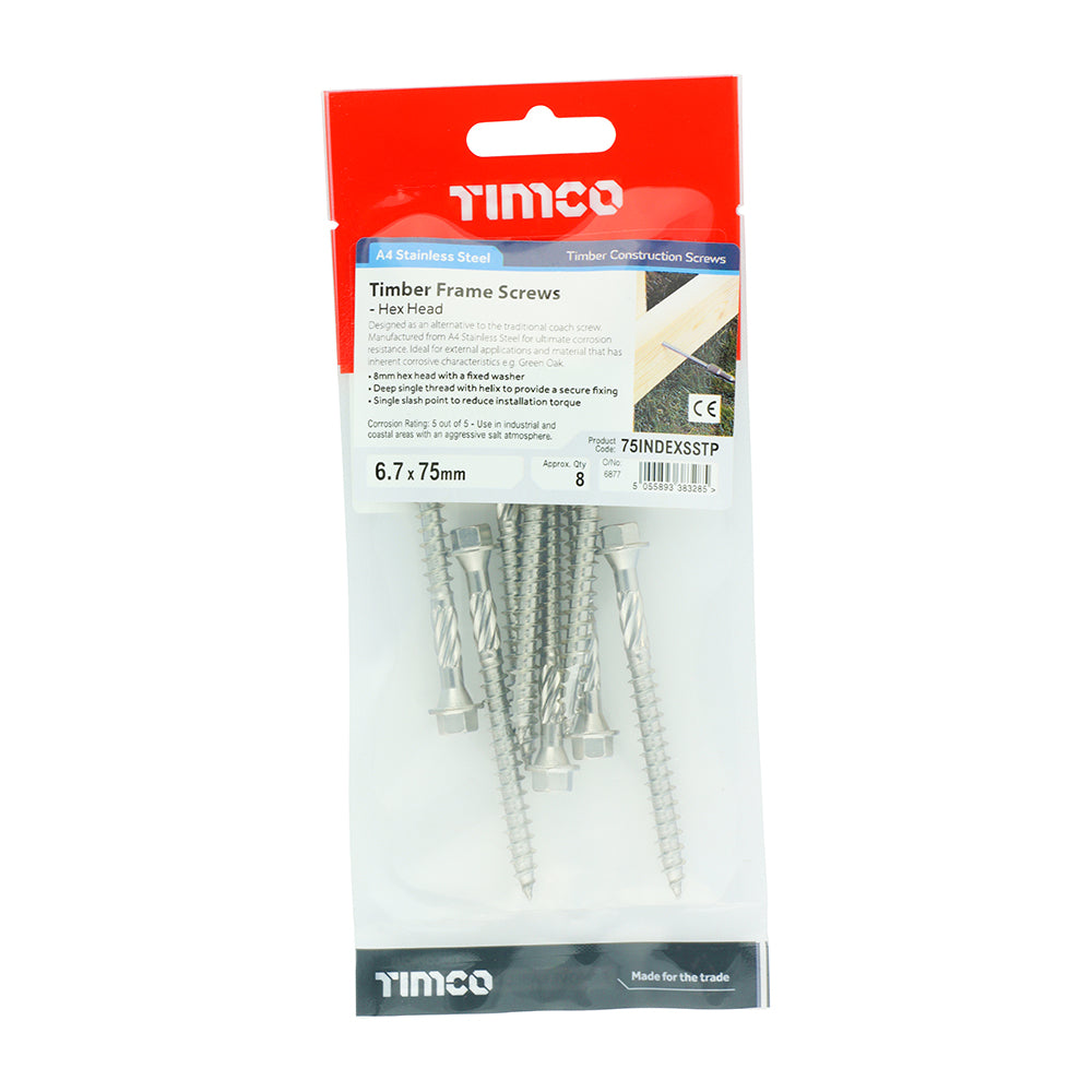 TIMCO Timber Screws Hex Flange Head A4 Stainless Steel - 6.7 x 75 TIMpac OF 8 - 75INDEXSSTP