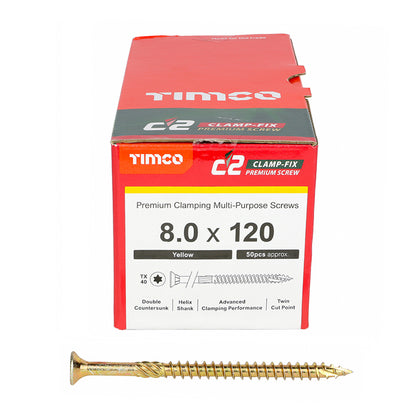 TIMCO C2 Clamp-Fix Multi-Purpose Premium Countersunk Gold Woodscrews - 8.0 x 120 Box OF 50 - 80120C2C