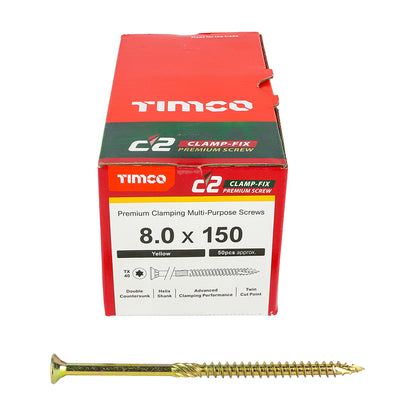 TIMCO C2 Clamp-Fix Multi-Purpose Premium Countersunk Gold Woodscrews - 8.0 x 150 Box OF 50 - 80150C2C