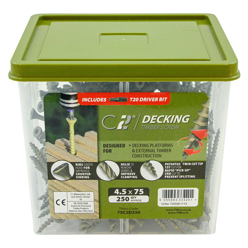 TIMCO C2 Deck-Fix Premium Countersunk Green Decking Screws - 4.5 x 65 Box OF 250 - 65C2D250BX