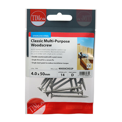 TIMCO Classic Multi-Purpose Countersunk A2 Stainless Steel Woodcrews - 4.0 x 50 TIMpac OF 14 - 40050CHSSP