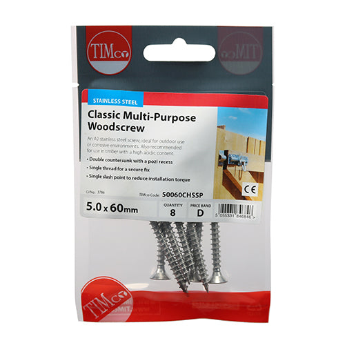TIMCO Classic Multi-Purpose Countersunk A2 Stainless Steel Woodcrews - 5.0 x 60 TIMpac OF 8 - 50060CHSSP