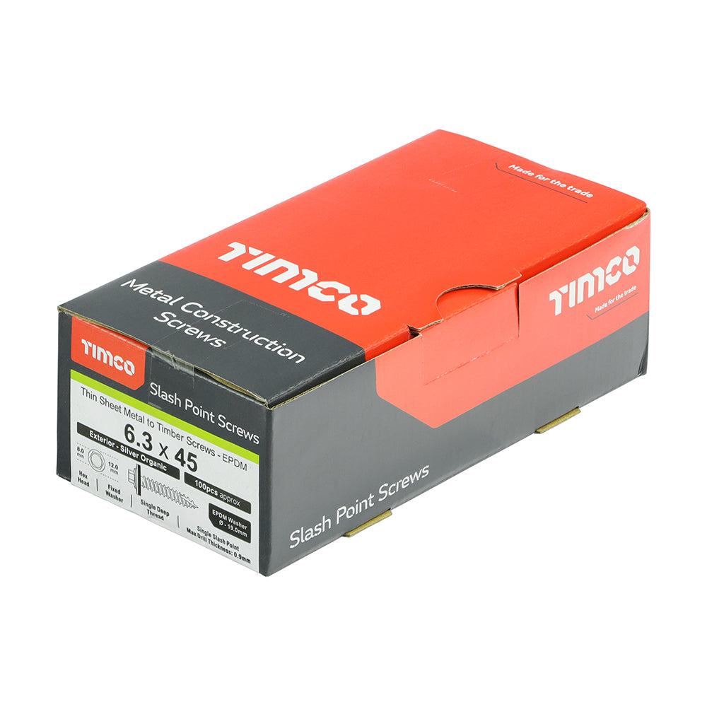 TIMCO Slash Point Sheet Metal to Timber Screws Exterior Silver with EPDM Washer - 6.3 x 45 Box OF 100 - DS45W19B