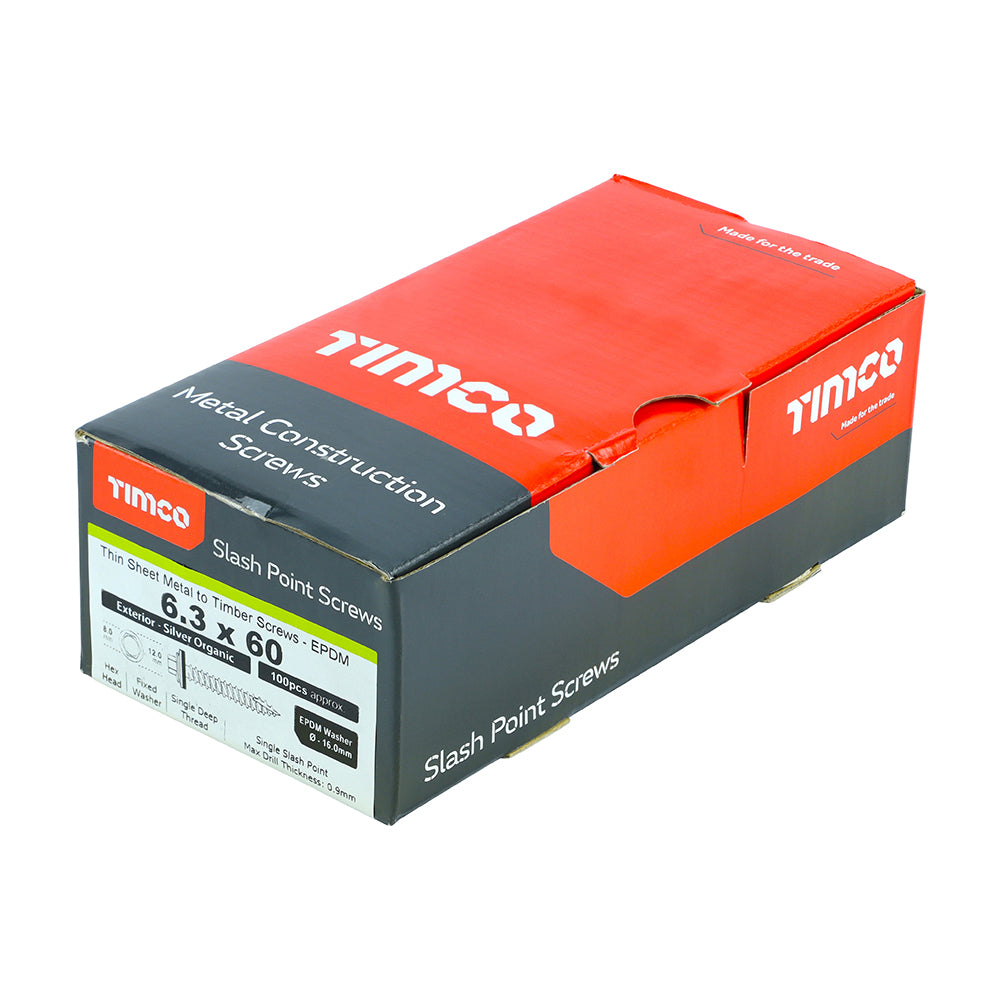 TIMCO Slash Point Sheet Metal to Timber Screws Exterior Silver with EPDM Washer - 6.3 x 60 Box OF 100 - DS60W16B